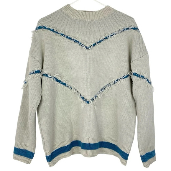 Cattee Paris Sweater Mens Medium Unisex BlueIvory Fringe Pullover Textured - Picture 2 of 14